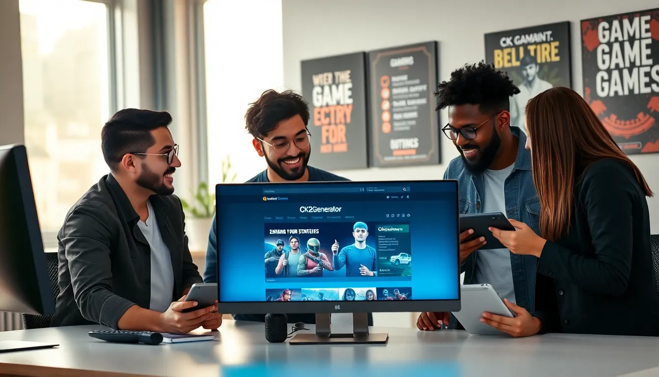 diverse gamers collaborating around a computer displaying CK2Generator.