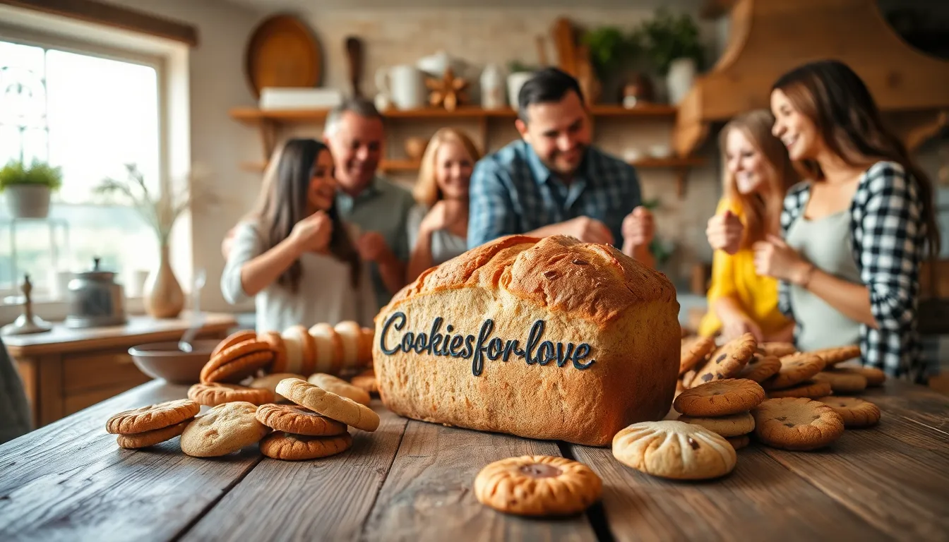 family sharing Cookiesforlove bread and cookies in a cozy kitchen.