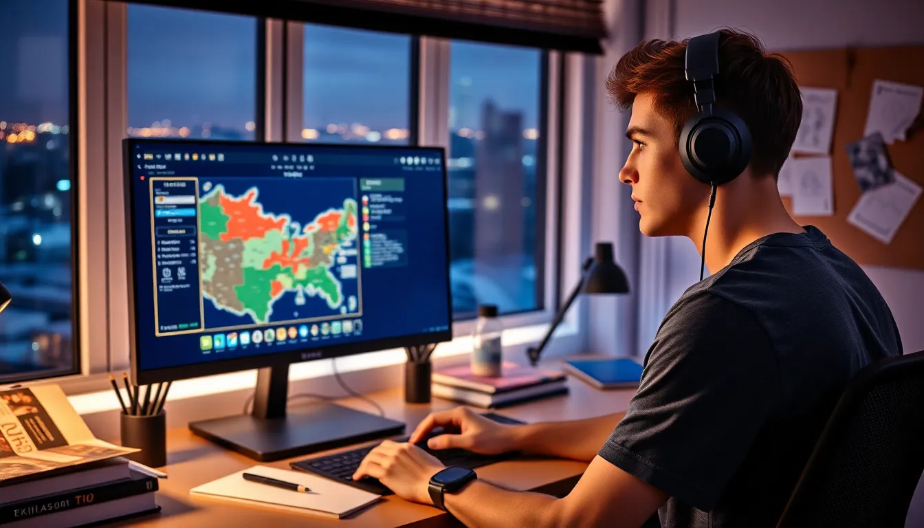 A young man playing Crusader Kings II on a modern computer setup.