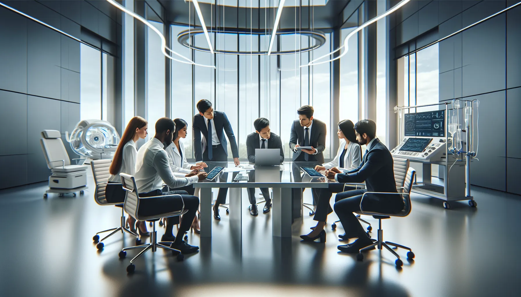 diverse team discussing medical research solutions in a modern lab.