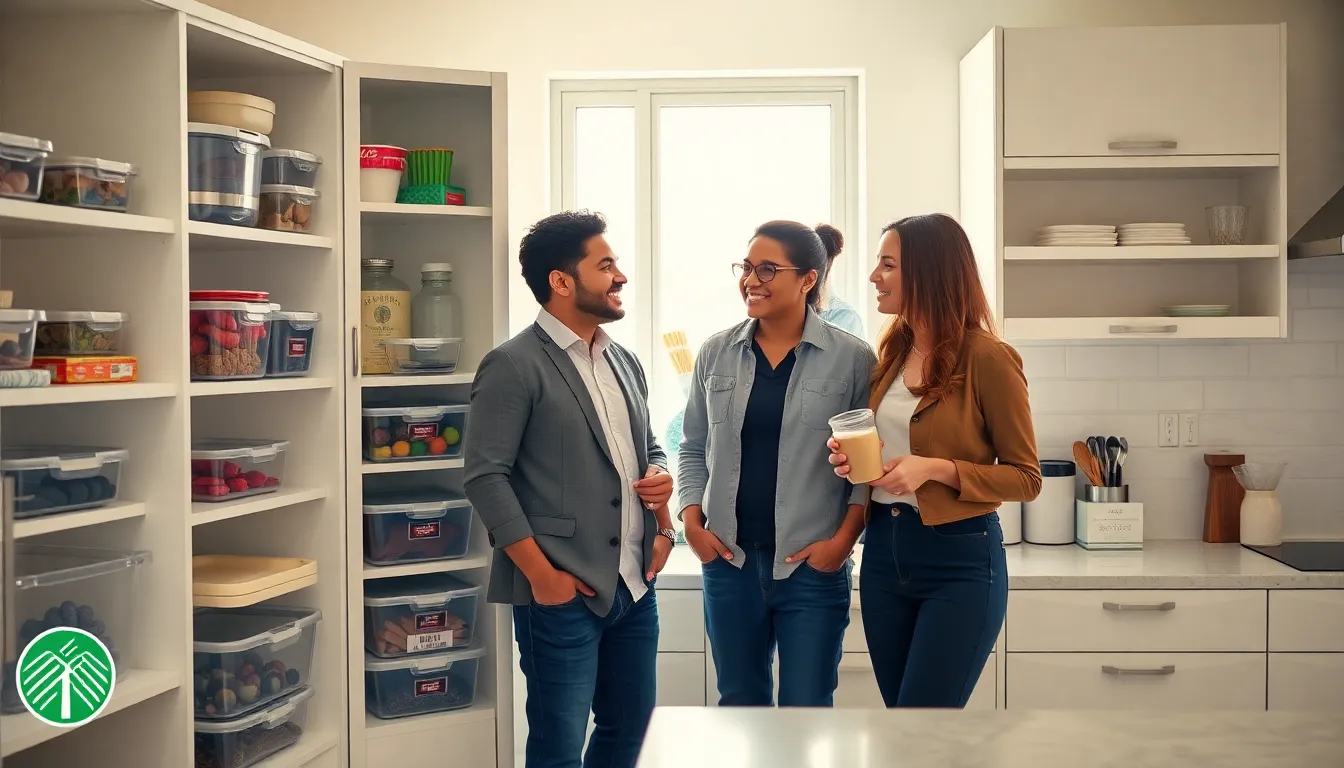 organized kitchen with Dollar Tree storage products and diverse professionals discussing.