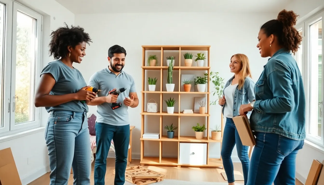 diverse group of homeowners engaged in a DIY renovation project in a bright living room.
