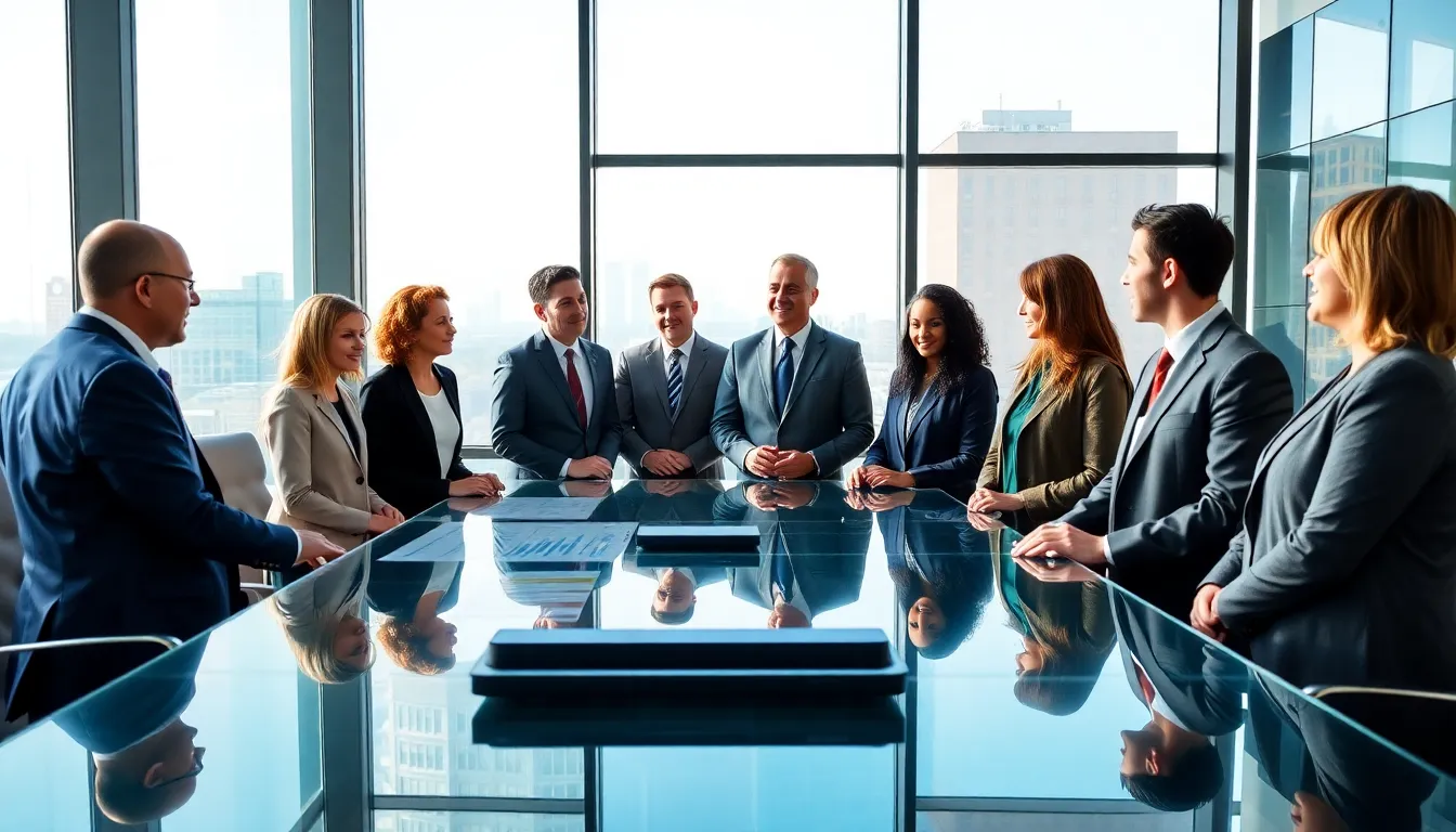 diverse professionals discussing property taxes in a modern office.