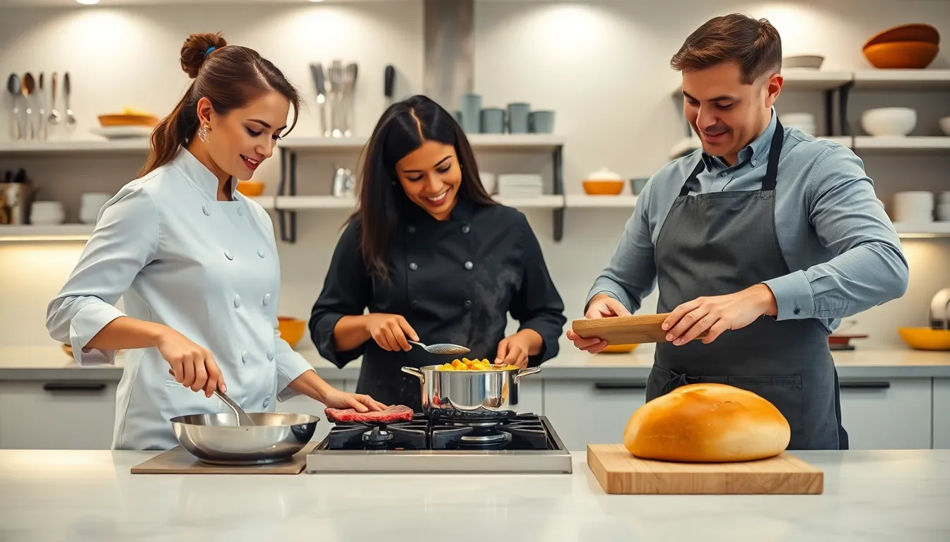 chefs demonstrating basic cooking techniques in a modern kitchen.