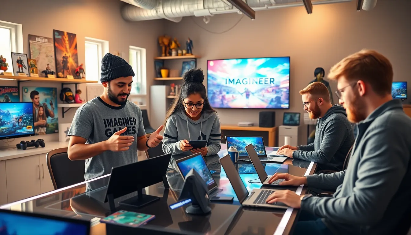 A diverse team collaborating in a modern gaming studio.
