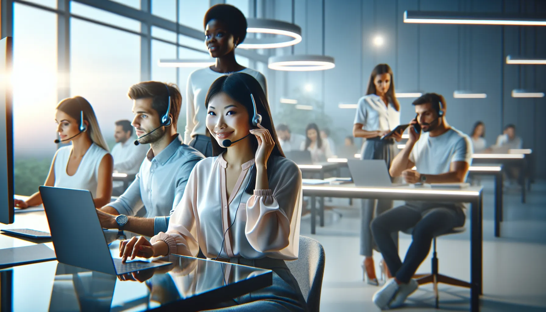 professionals engaged in customer service in a modern office setting.