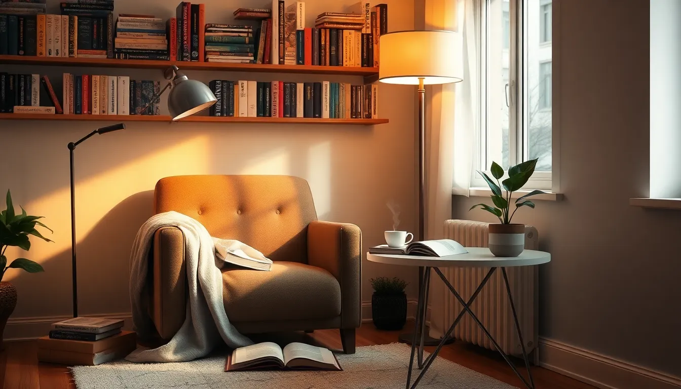 a cozy reading nook with a book, tea, and warm lighting.