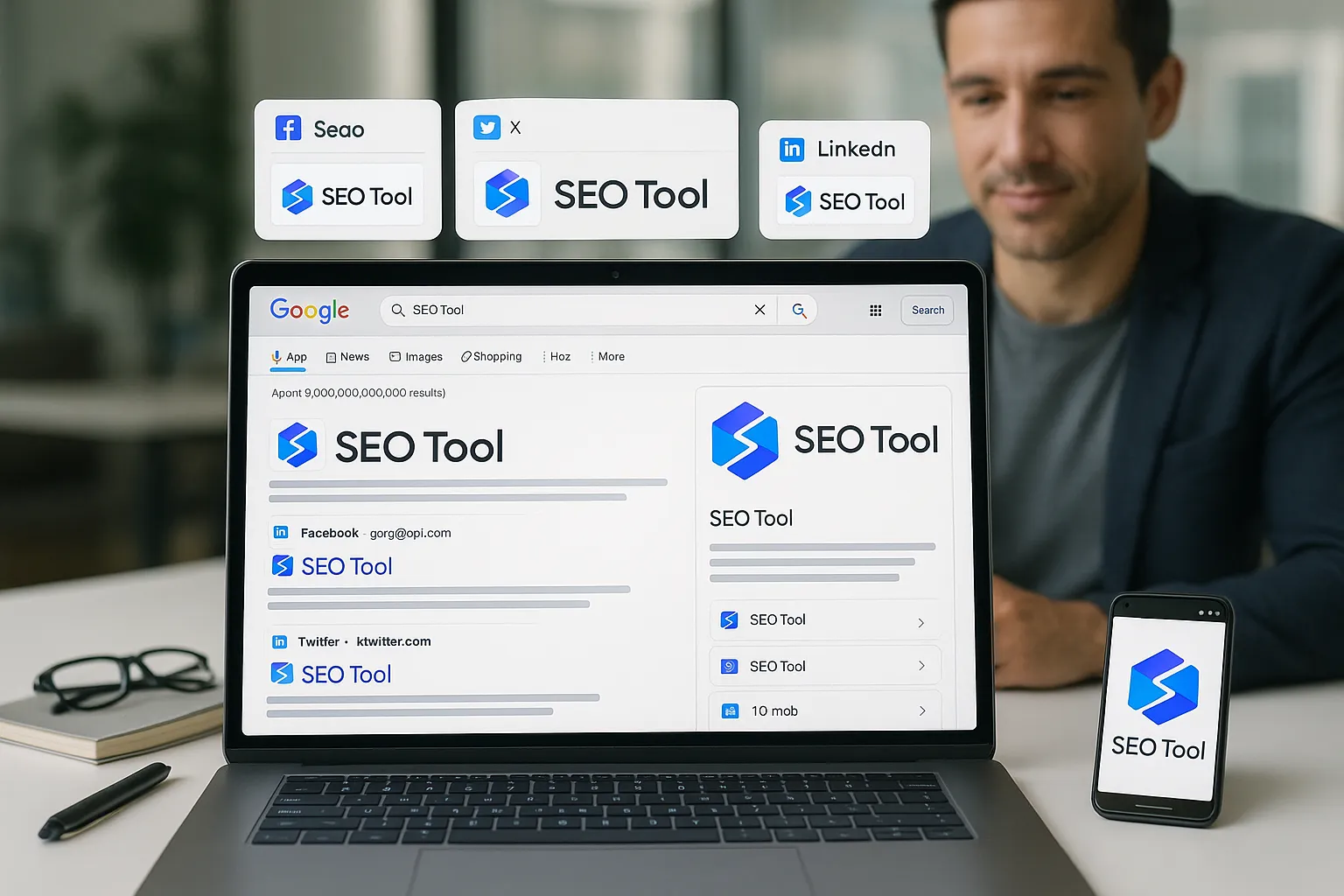 Laptop showing consistent brand logo across Google search and social previews.