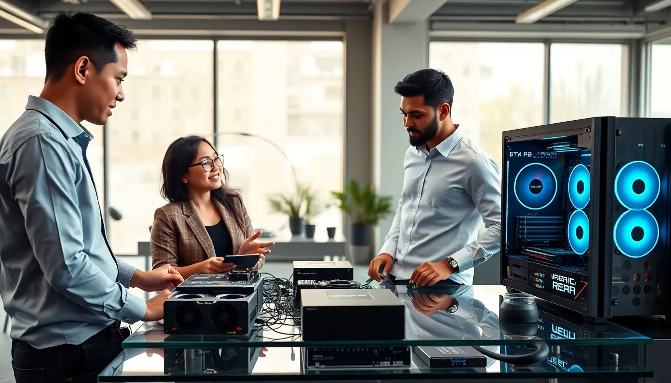 professionals discussing gaming PC components in a modern office.