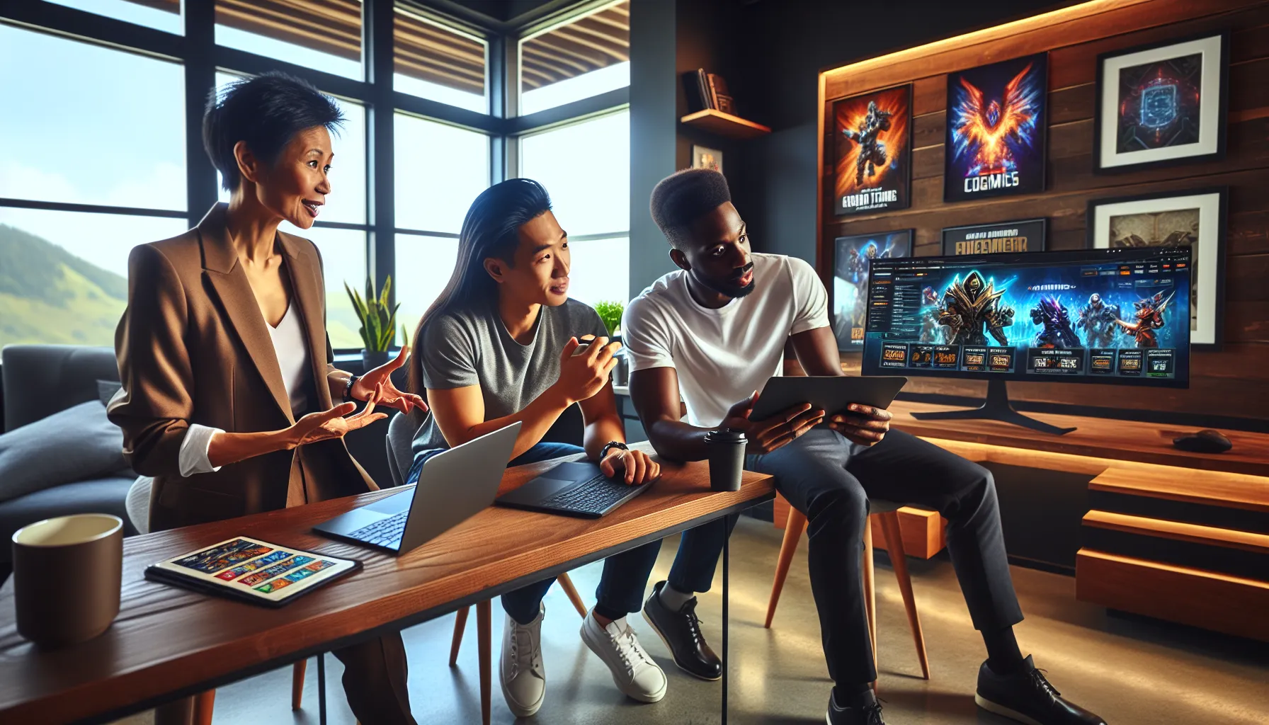 diverse team discussing Funzpoints in a bright home office.