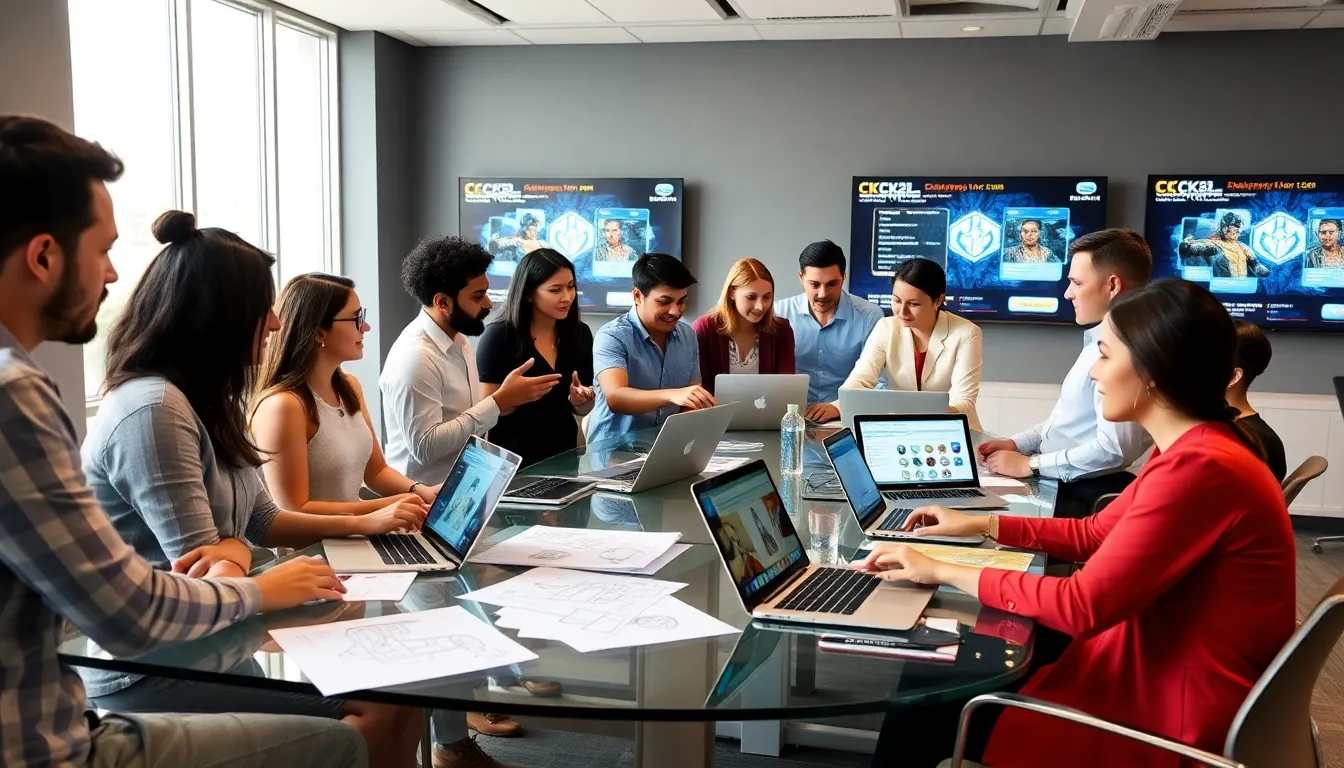 diverse team collaborating on game design in a modern office.