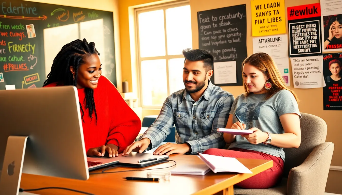 a diverse group of young adults collaborating in a modern workspace.
