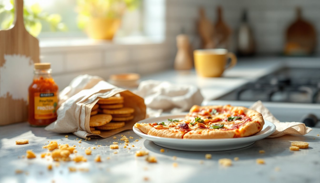 Cluttered kitchen counter with assorted snack foods and a steaming mug of ginger tea.