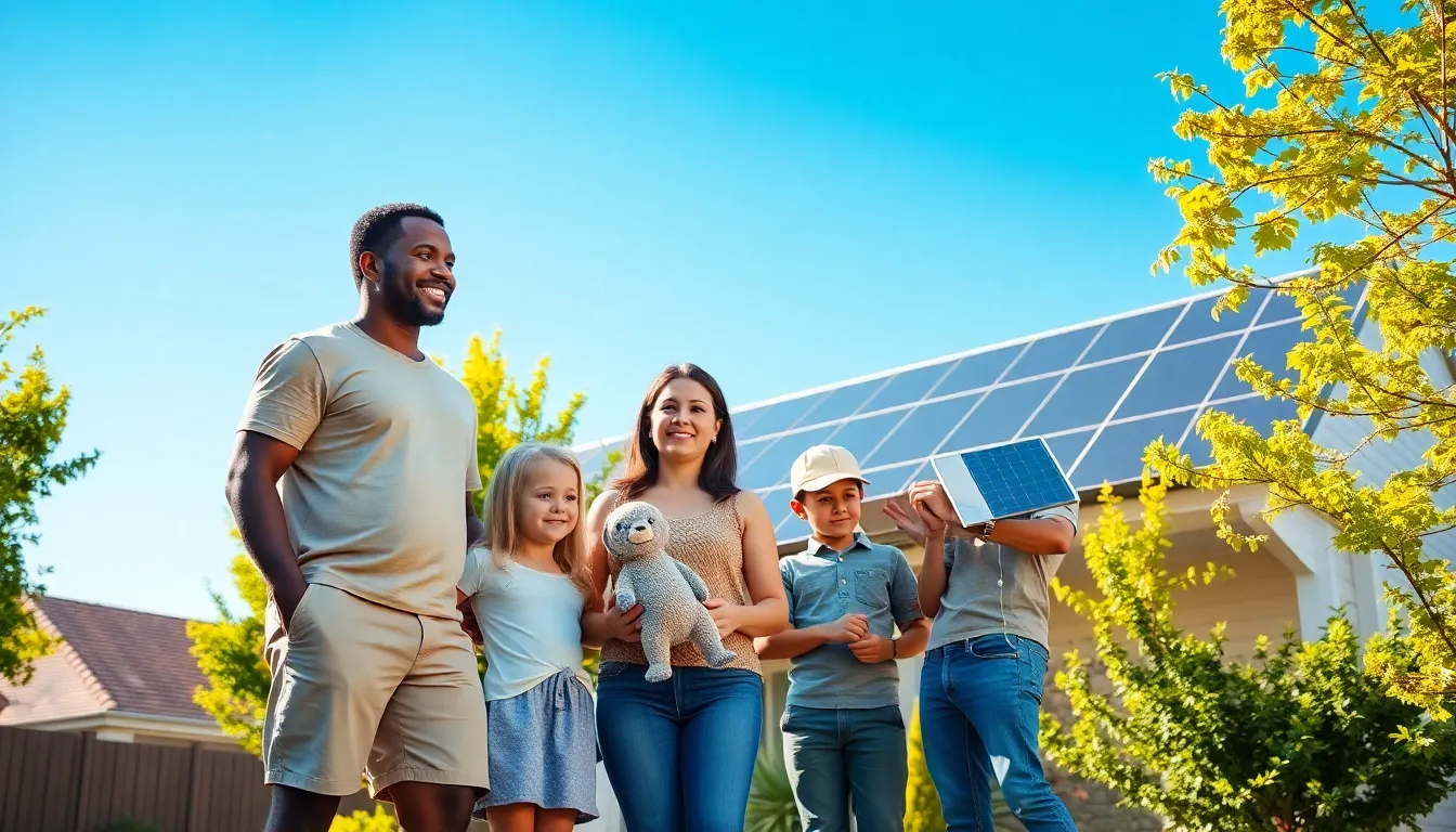 a family standing beside their solar panel system in a sunny backyard.