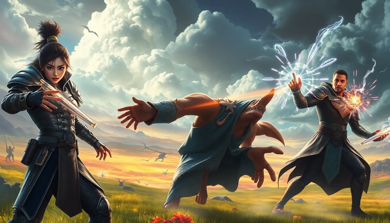 Diverse group of Daemonhunters in a fantasy landscape preparing for battle.