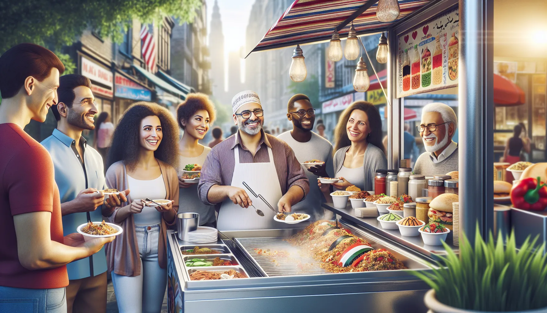 diverse group enjoying Egyptian street food at a busy stall.