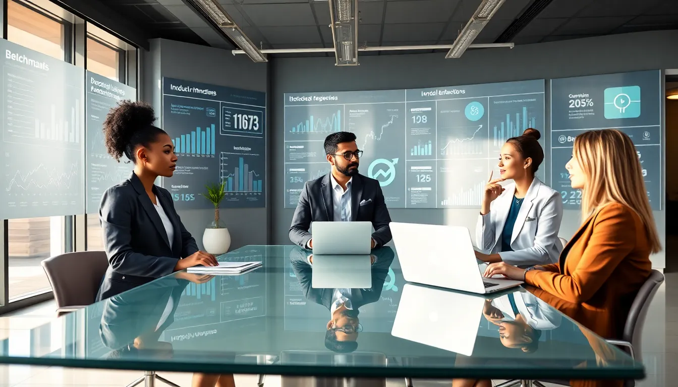 diverse professionals discussing benchmarks in a modern office setting.