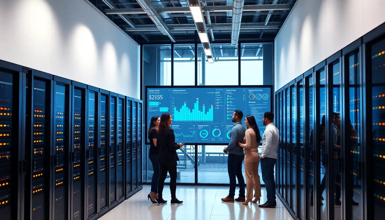modern data centre with professionals discussing network performance.