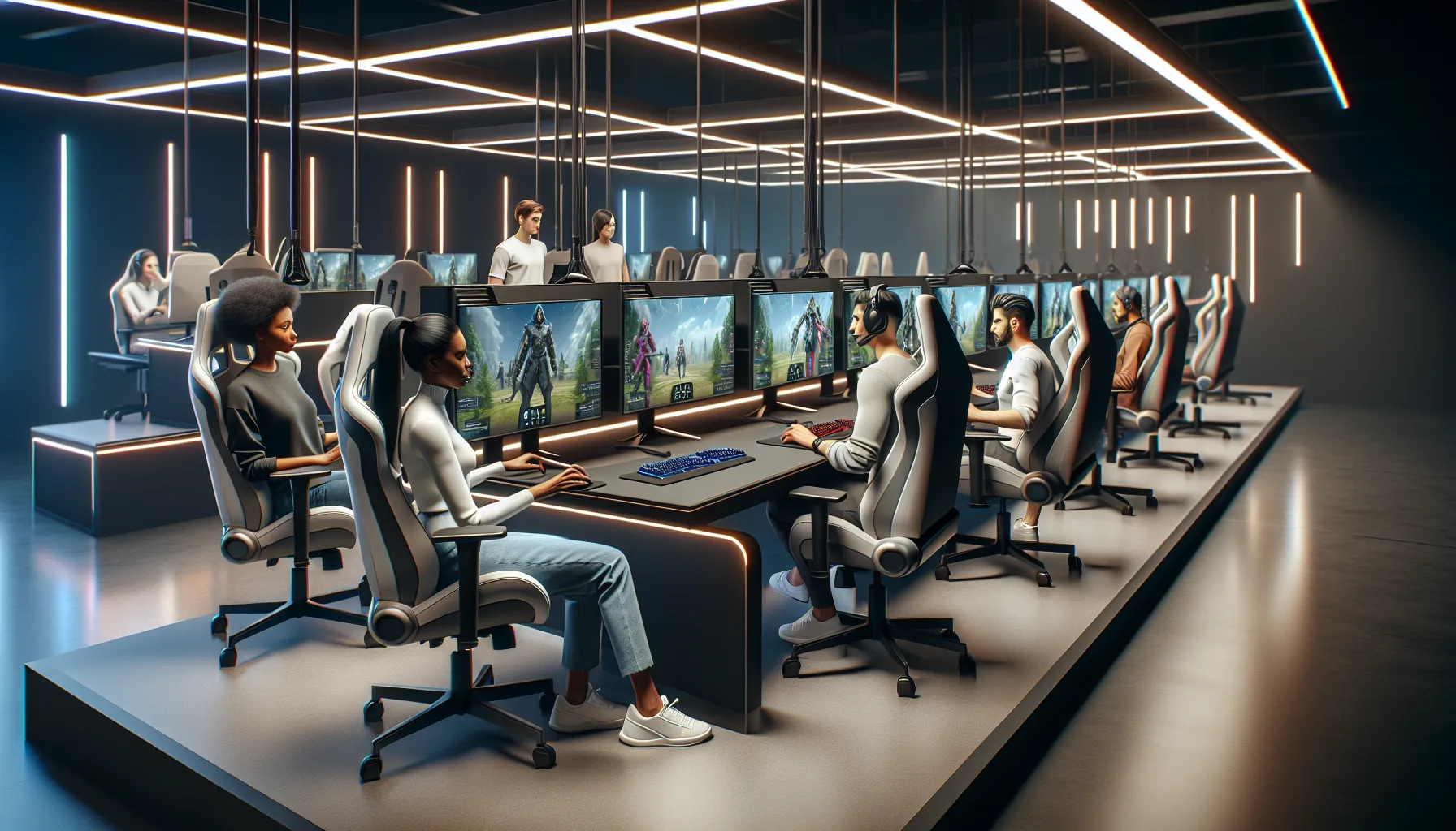 Professional gamers collaborating in a modern gaming studio.