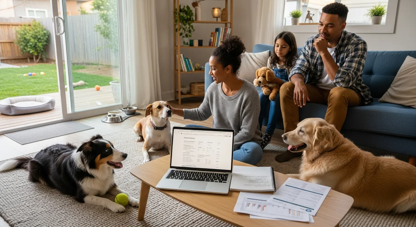 American family compares different dogs at home to choose the best breed fit.