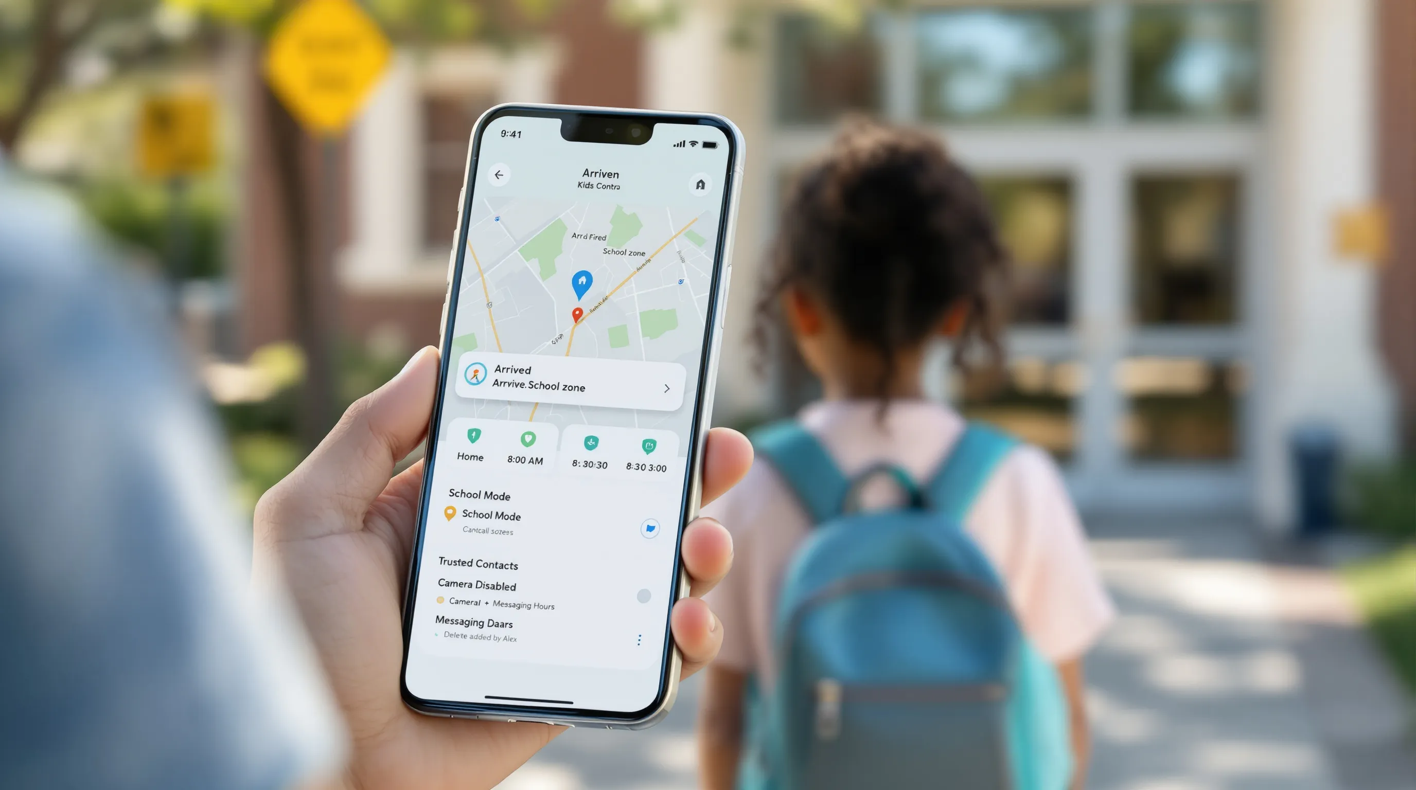 Parent app shows school geofence as child with GPS smartwatch enters school.