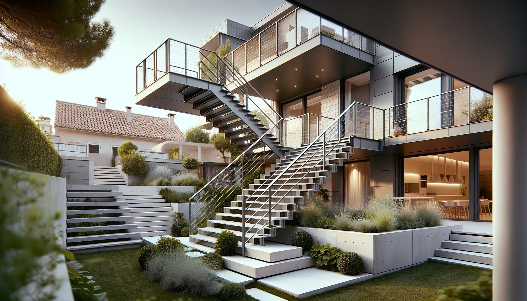 Prefabricated outdoor stairs connecting different levels of a Croatian home exterior.