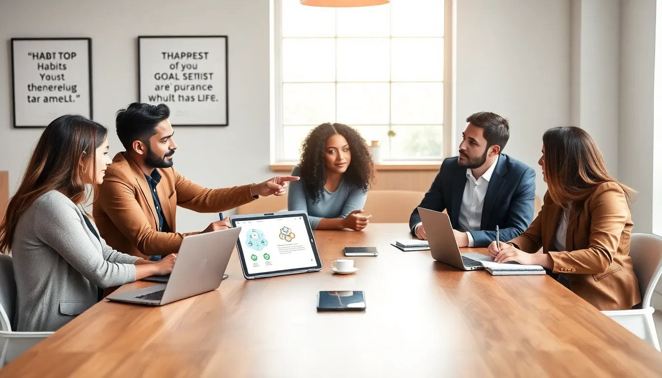 diverse team discussing atomic habits in a modern office.