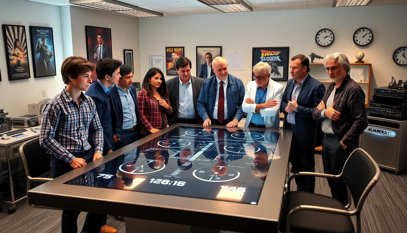 professionals discussing time travel concepts in a modern office.