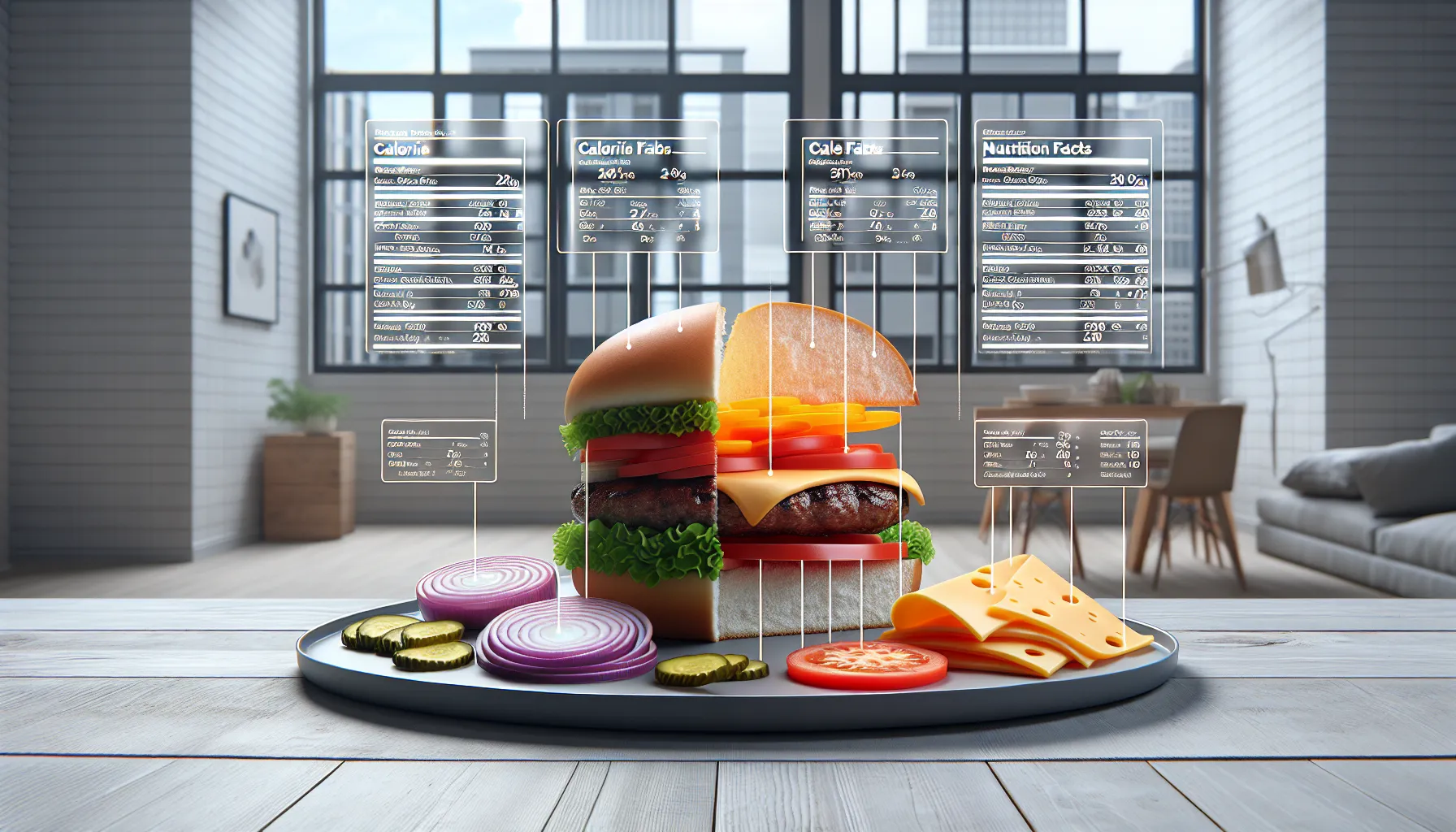 Cheeseburger ingredients separated with calorie labels on a modern kitchen table.