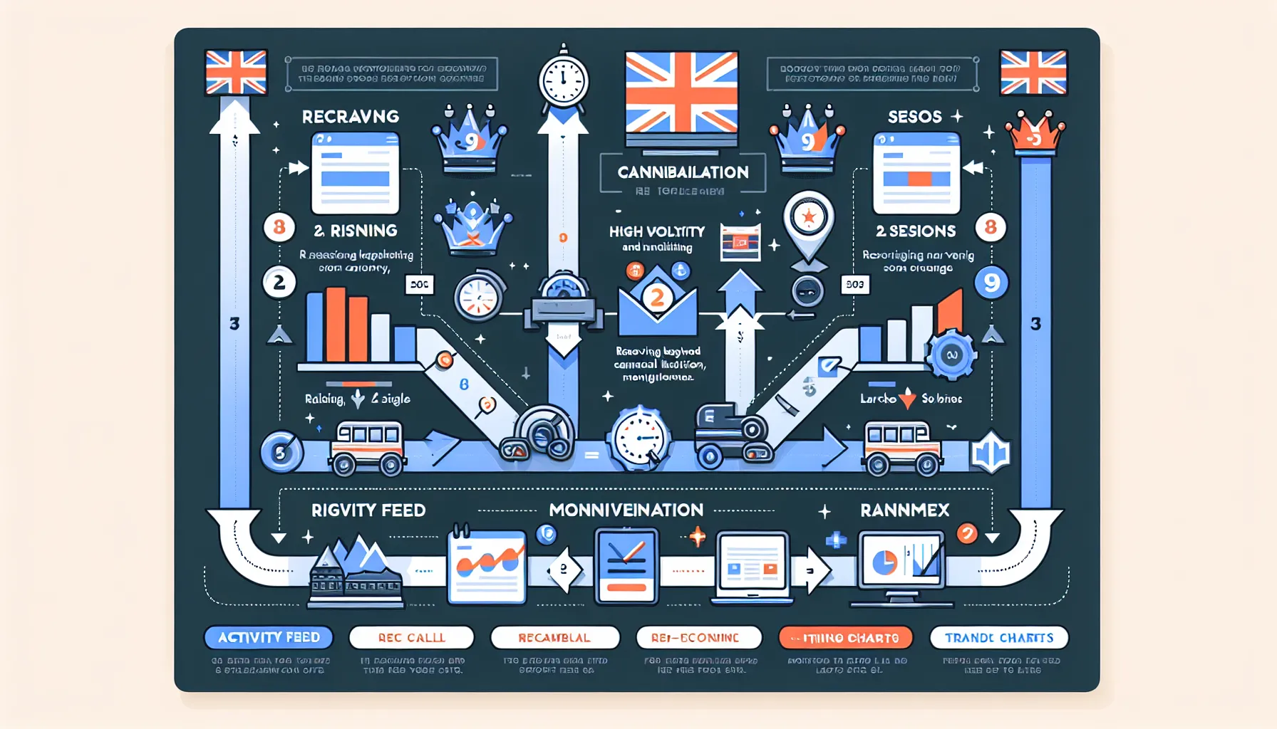 Three-panel process showing UK-focused keyword cannibalization tracking, results, and reindex timelines.
