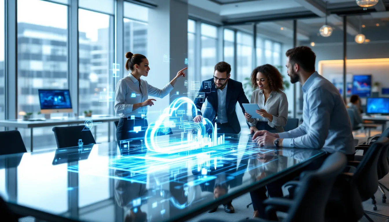 Professionals collaborating around holographic AI display in modern corporate office setting.