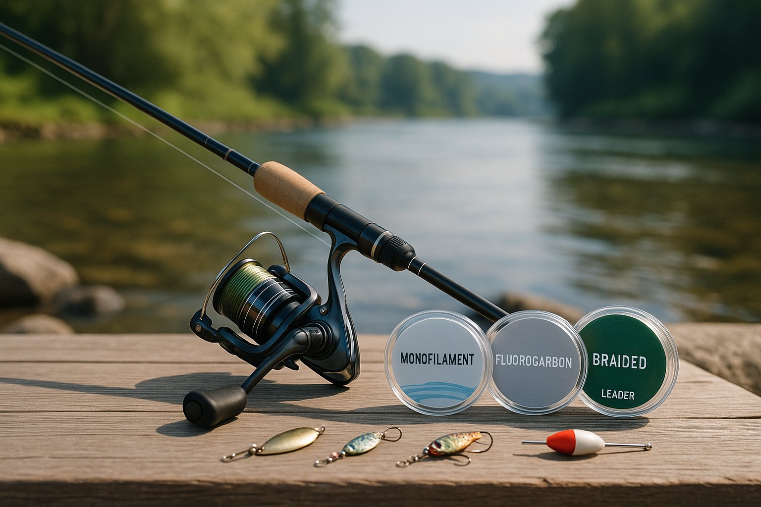 Ultralight trout rod, spinning reel, and fishing line by a clear stream.