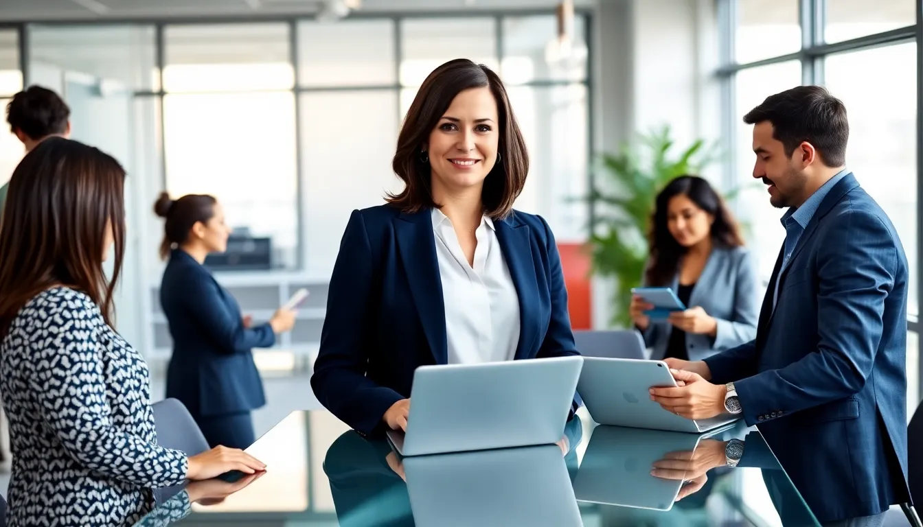 Stacy Klinger and her diverse team in a modern tech office.