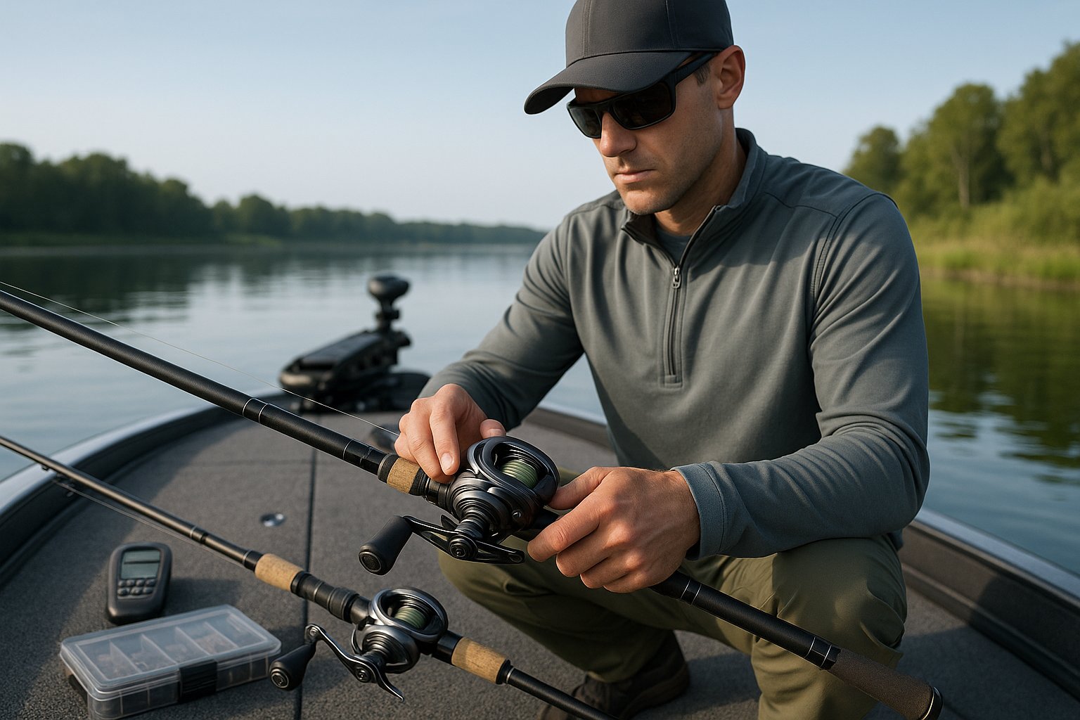 Bass angler adjusting reel drag on a boat deck.