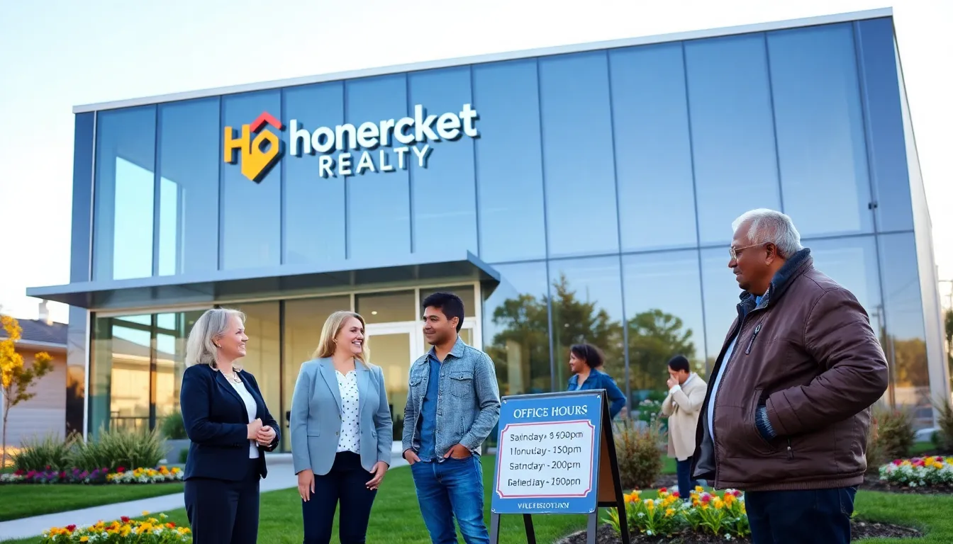 the exterior of Homerocket Realty's office with people conversing outside.