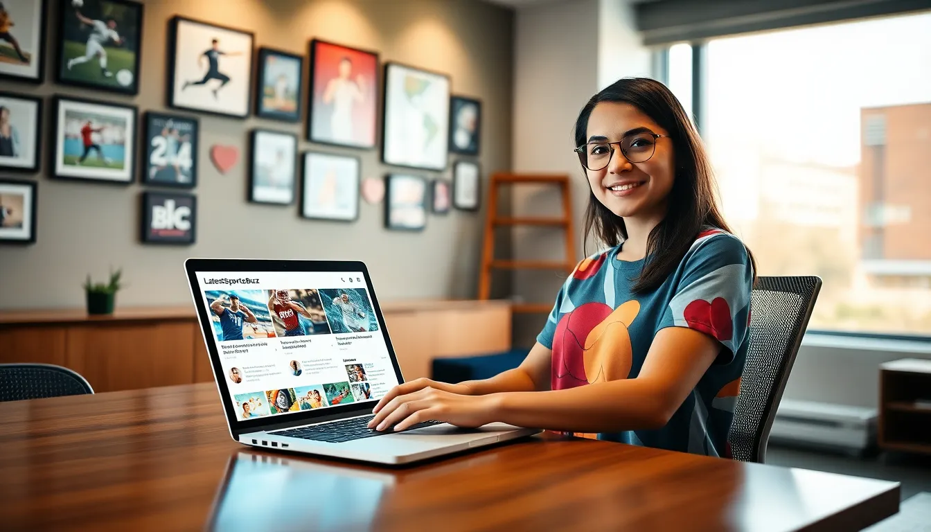 a woman using a laptop to access LatestSportsBuzz contact form.
