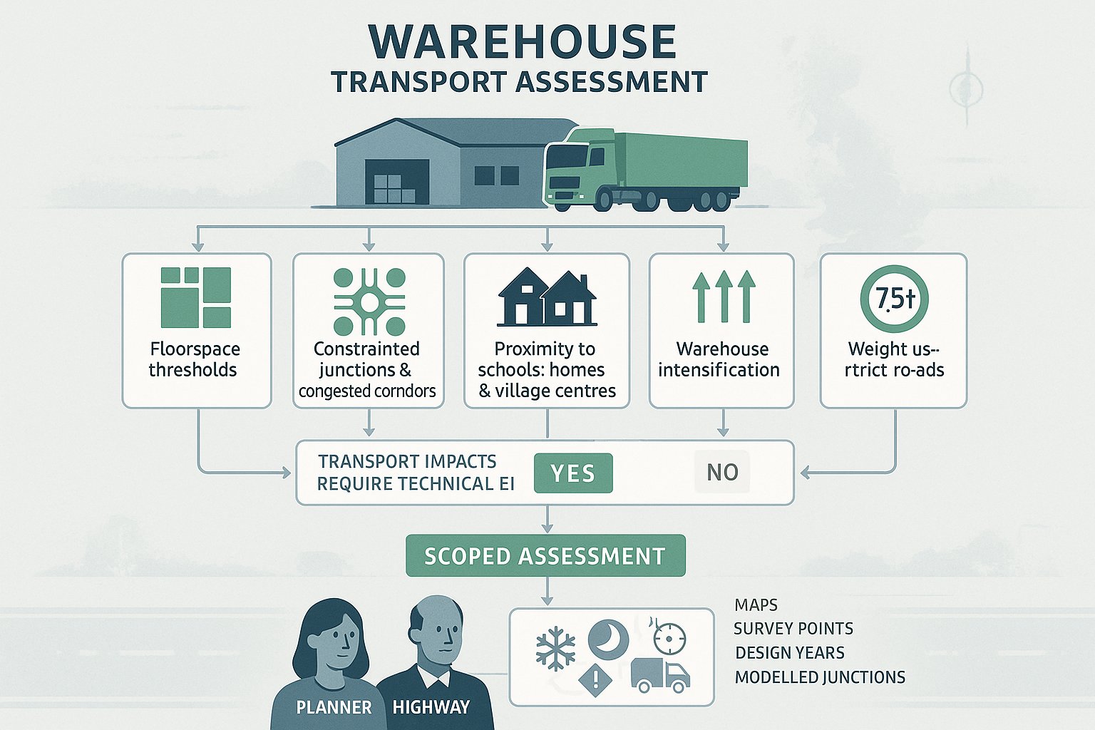 Warehouse transport assessment trigger flowchart for UK planning decisions.