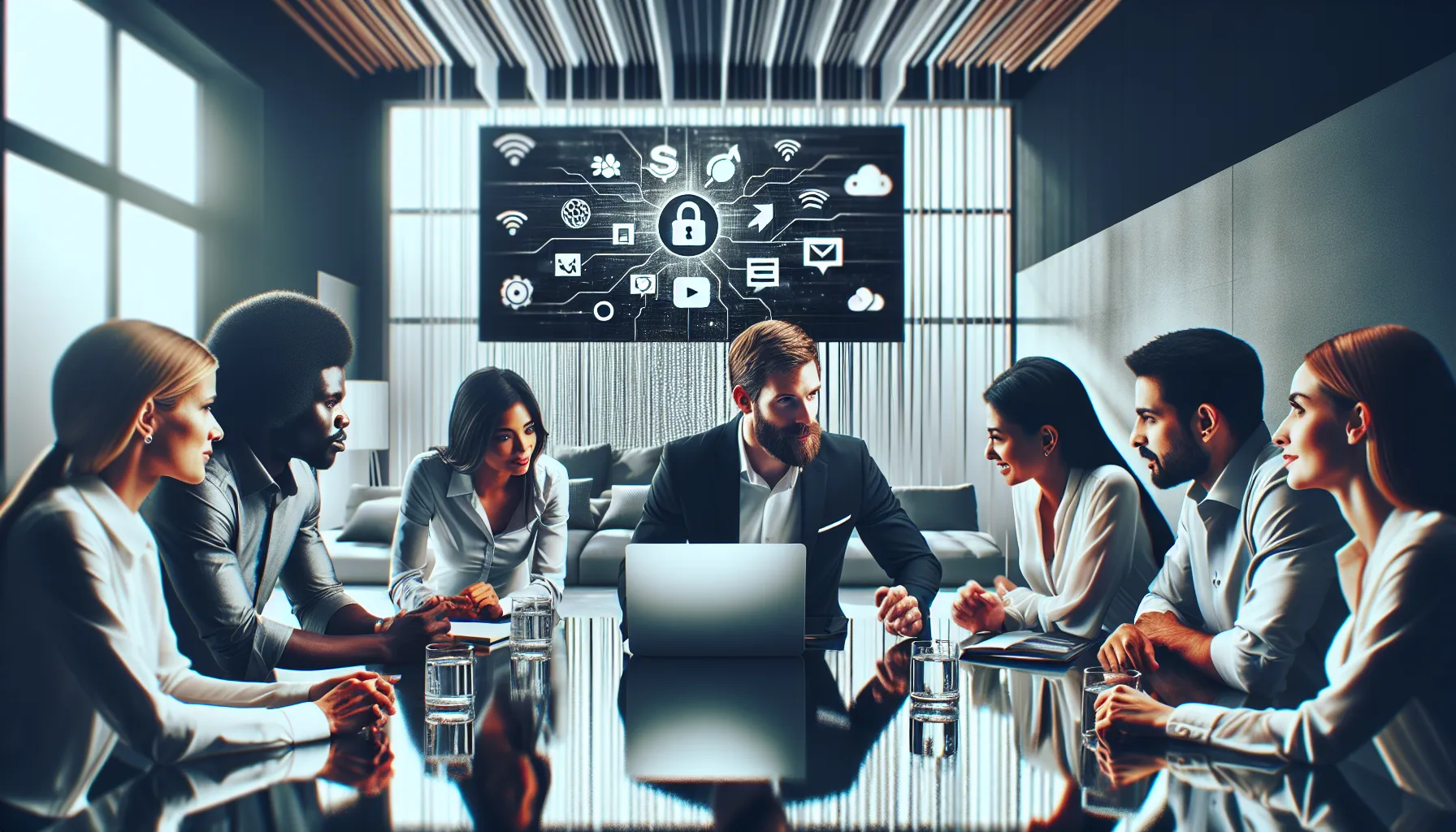 Diverse professionals discussing streaming platforms in a modern office.