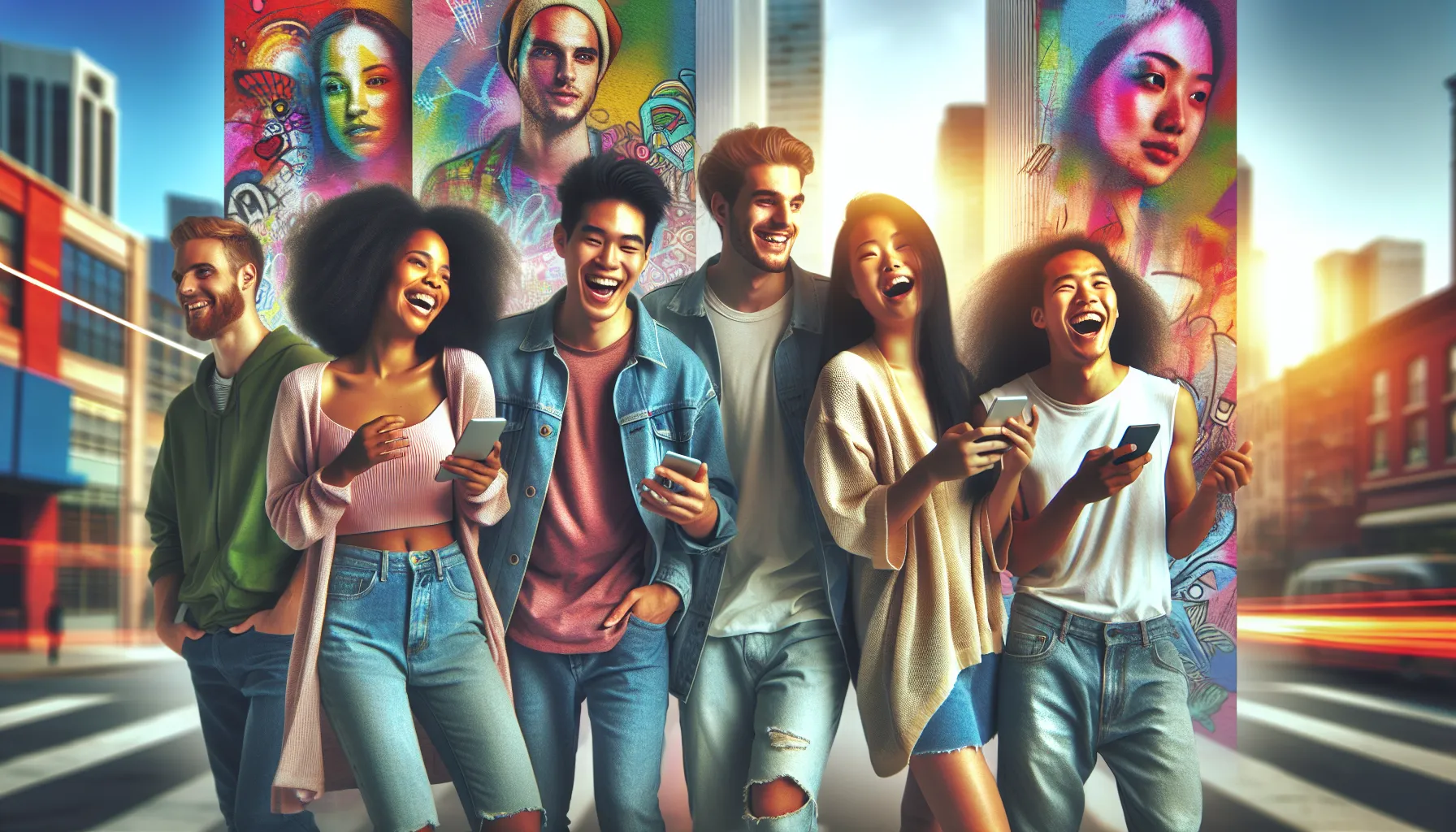 diverse group enjoying creativity and humor in an urban setting.