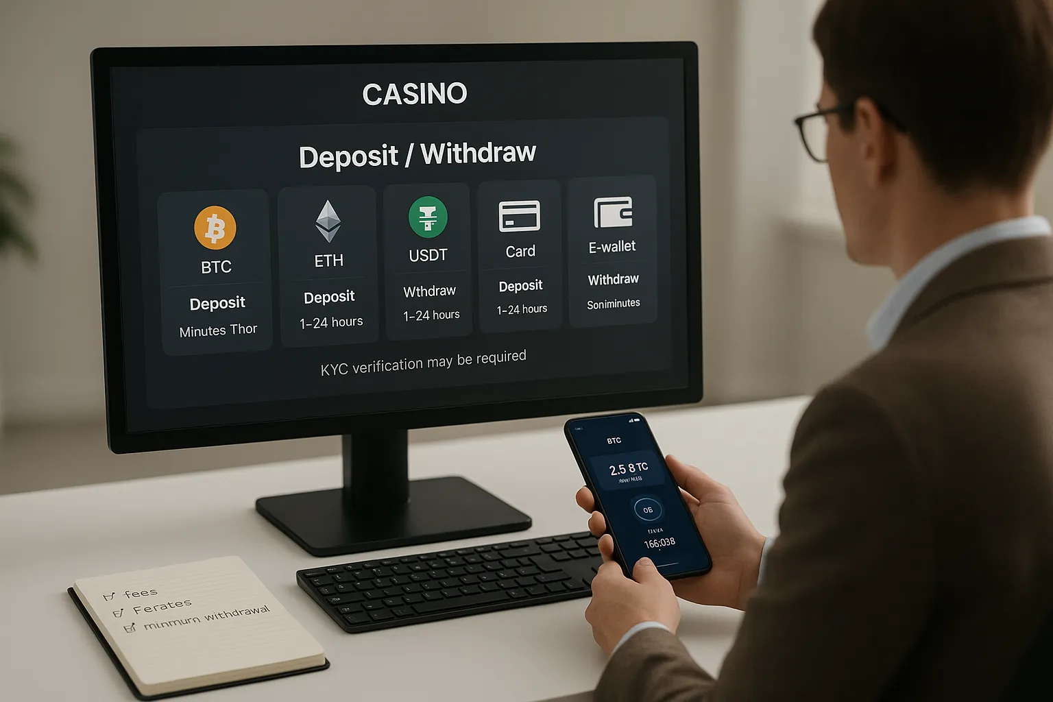 Professional reviewing crypto and card withdrawal options on an online casino dashboard.