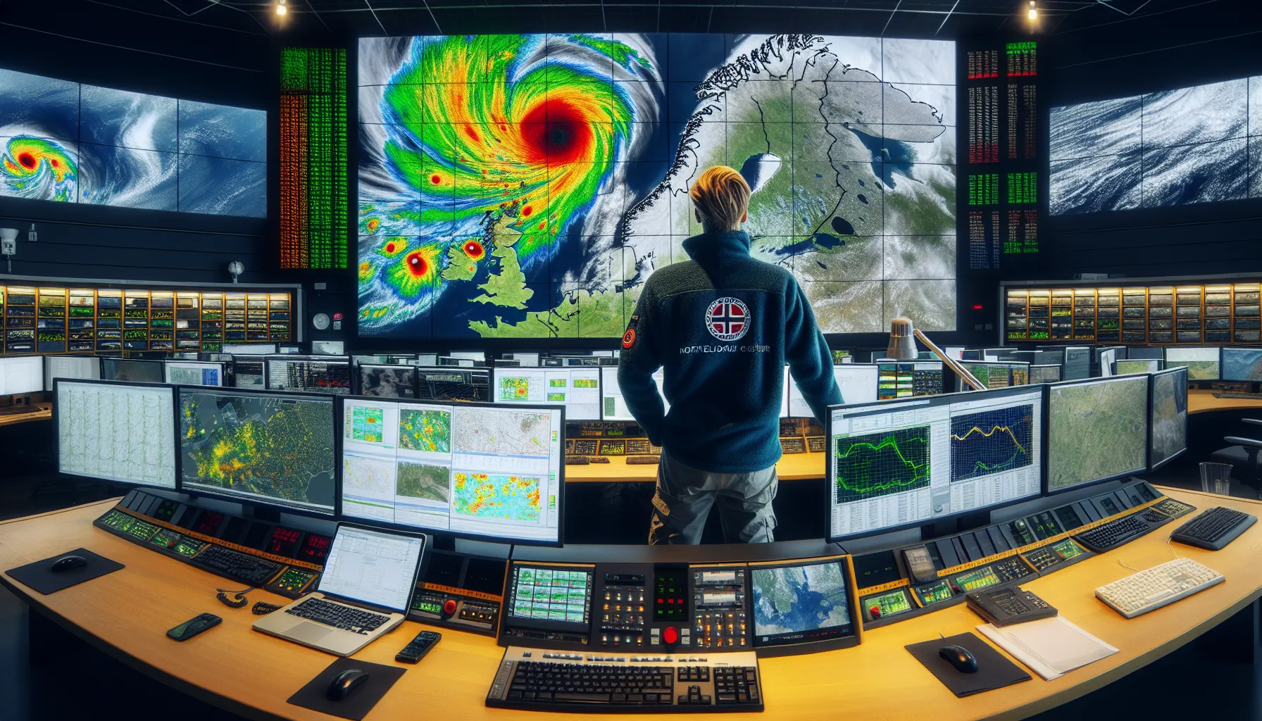 Meteorologist analyzes live satellite storm data on large screens in a norwegian control room.