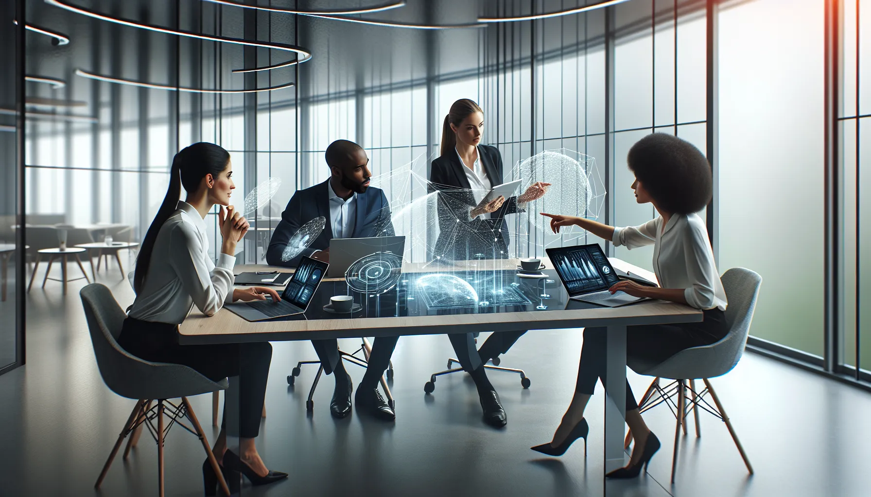 professionals discussing IP addresses in a modern office setting.