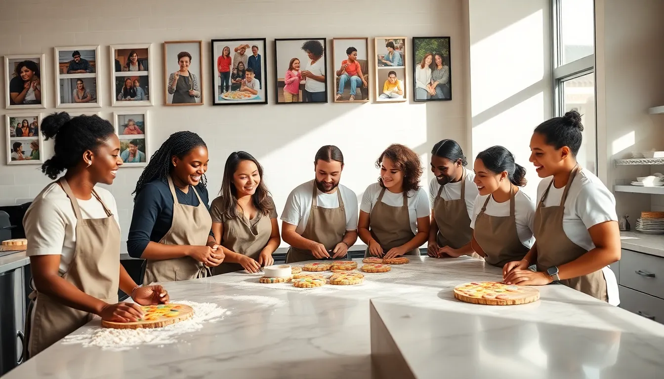 a diverse team joyfully baking cookies in a modern kitchen.