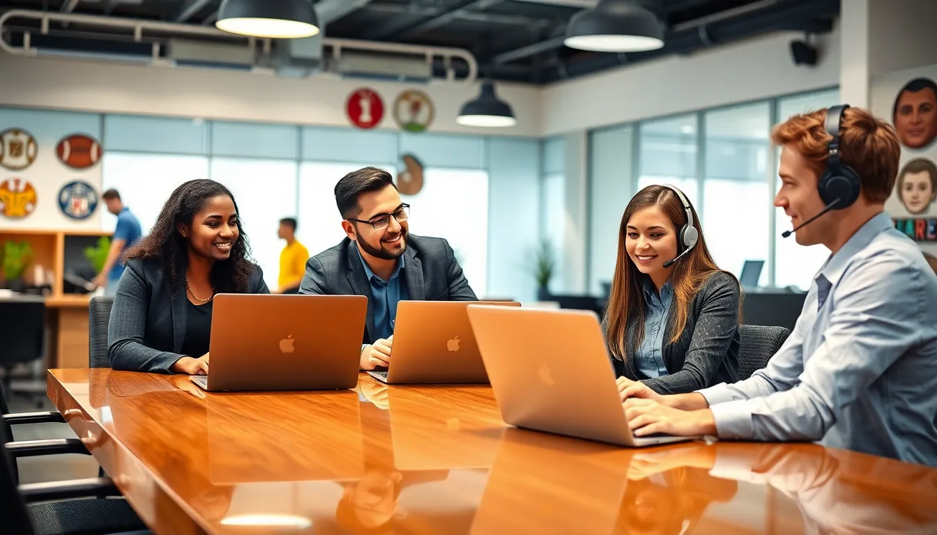 diverse customer support team in a modern office addressing user inquiries.
