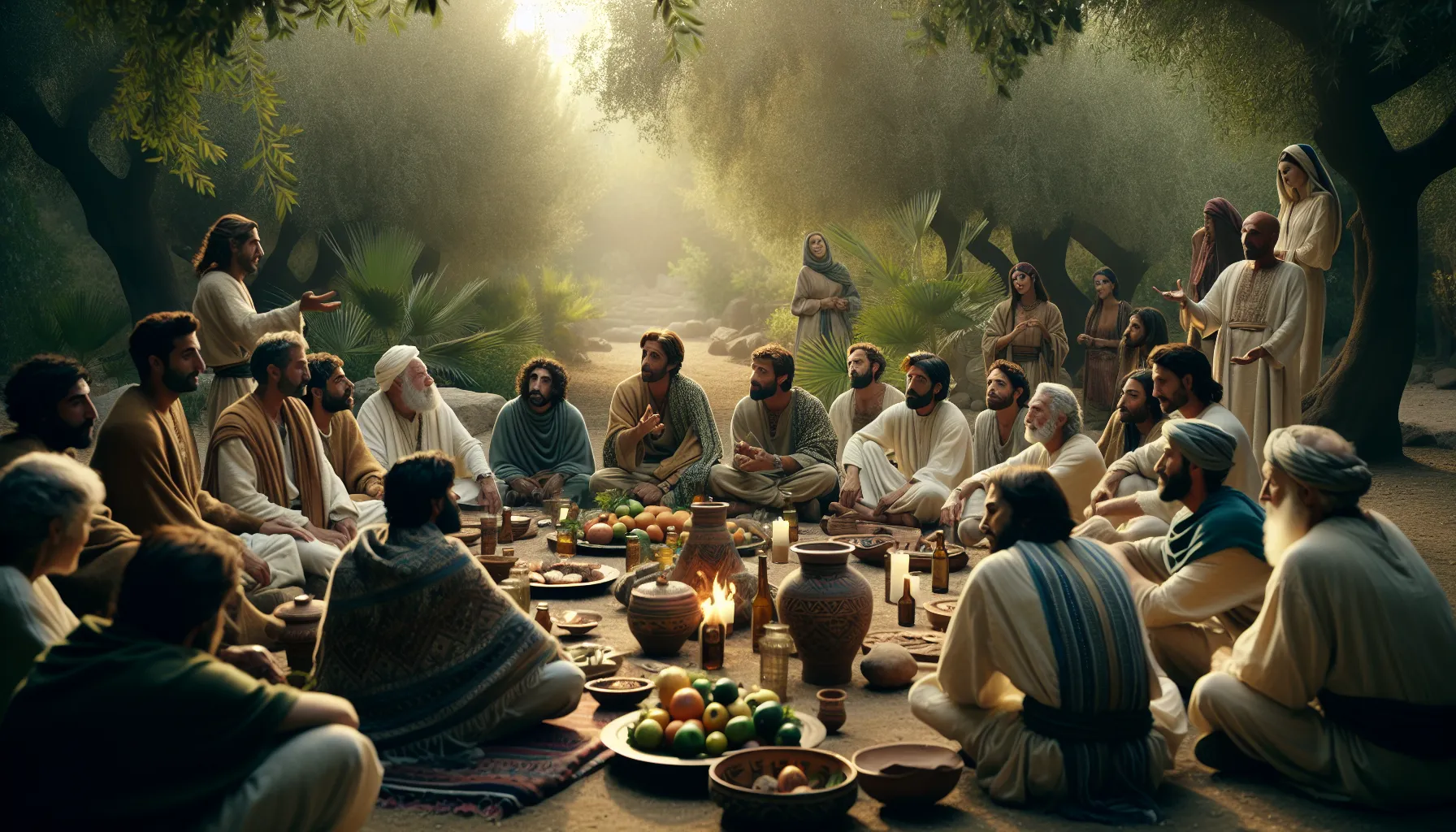 diverse group sharing stories in a beautiful outdoor setting.