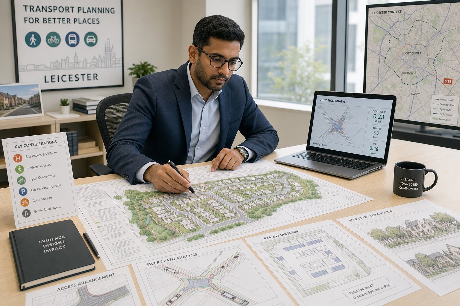 Traffic engineer reviewing residential housing access and parking plans in Leicester office.
