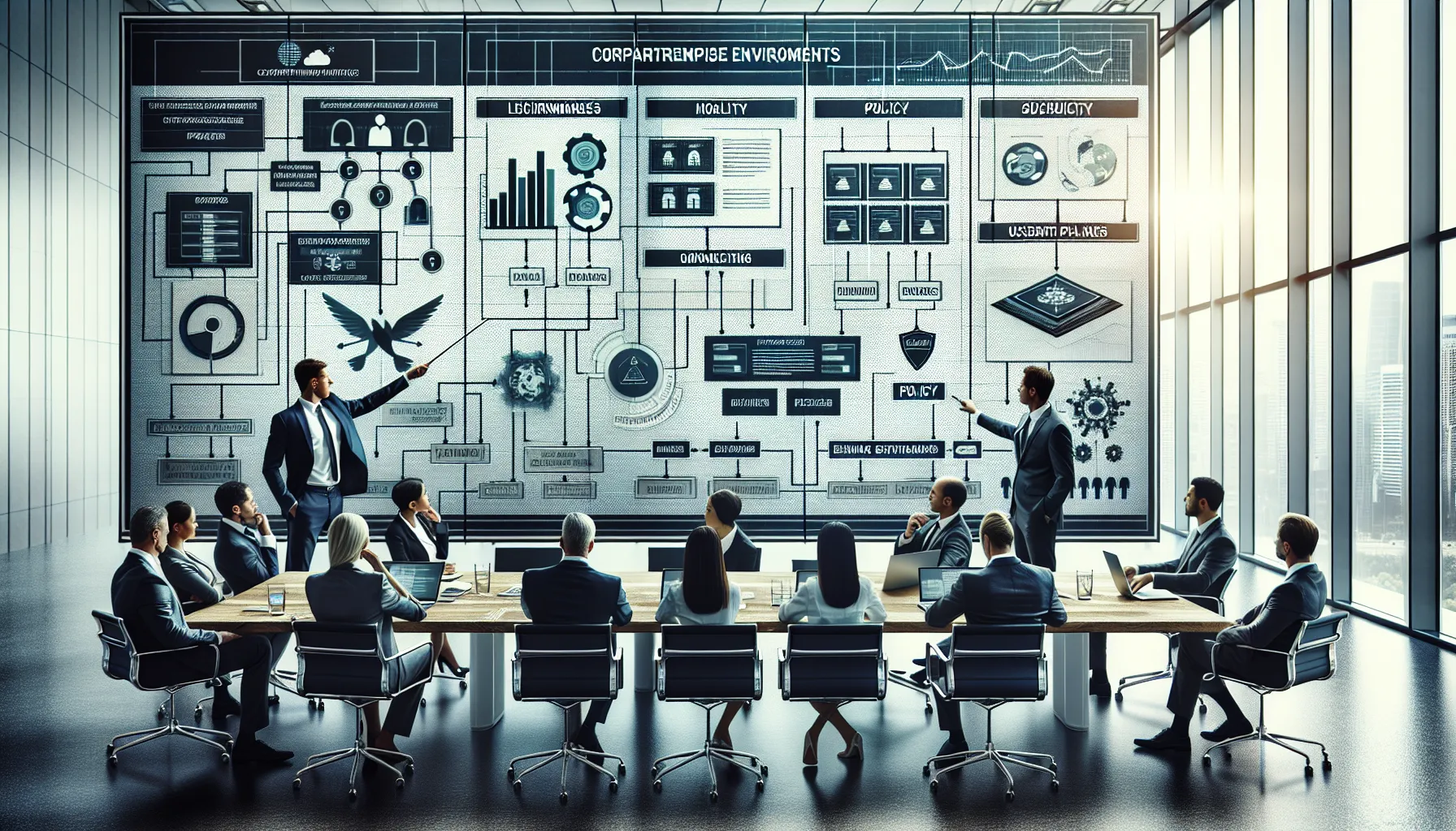 IT team designing secure Microsoft Power Automate and 365 reporting environment in modern office.