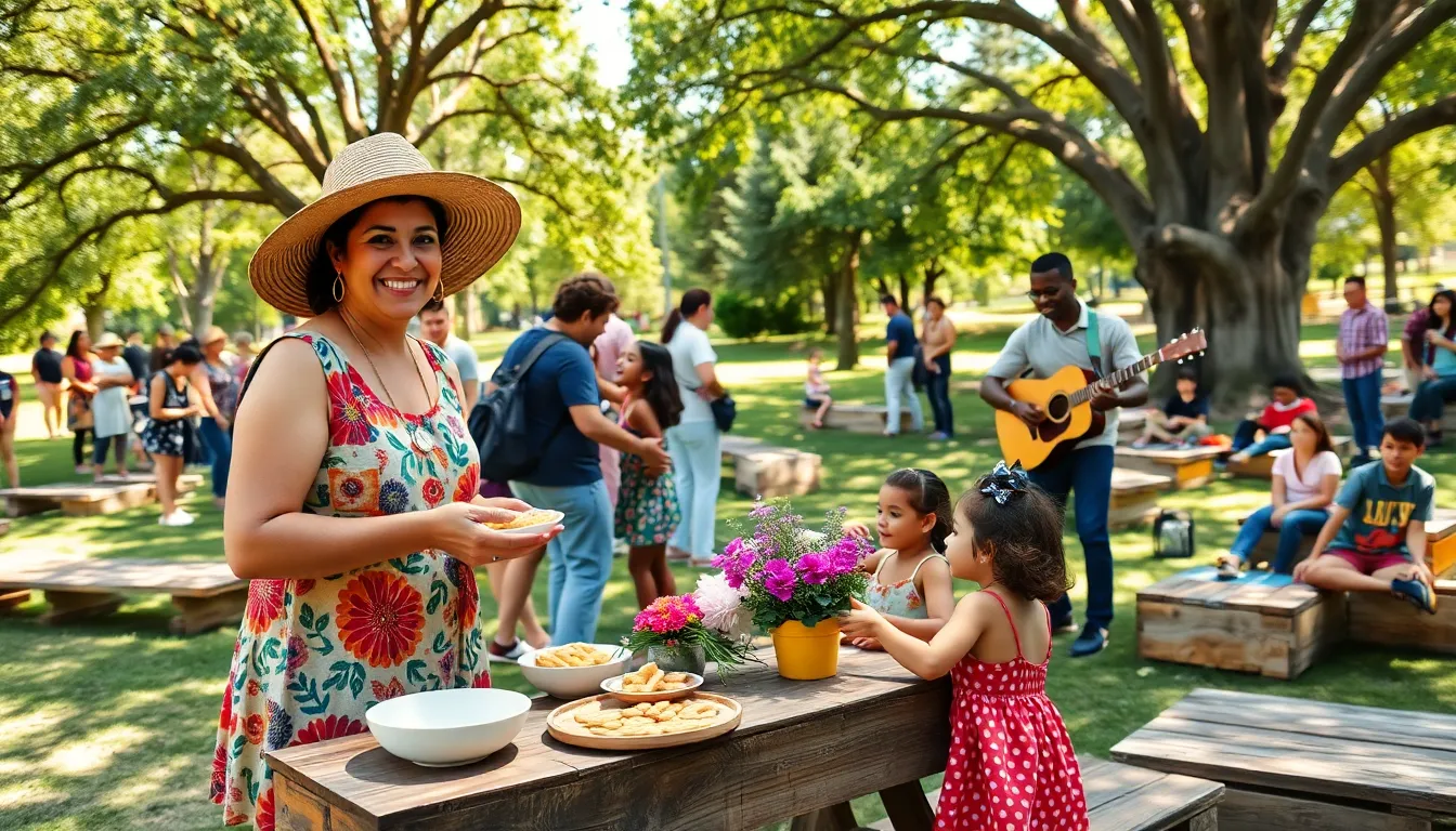 a diverse group enjoying a thrifty outdoor event in a park.