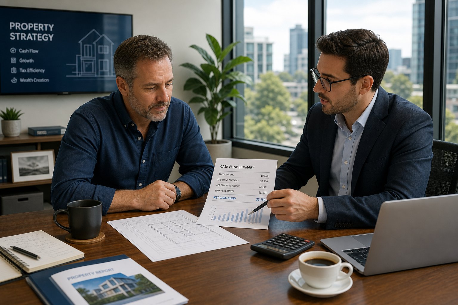 Business owner and adviser reviewing commercial property finances in a modern office.