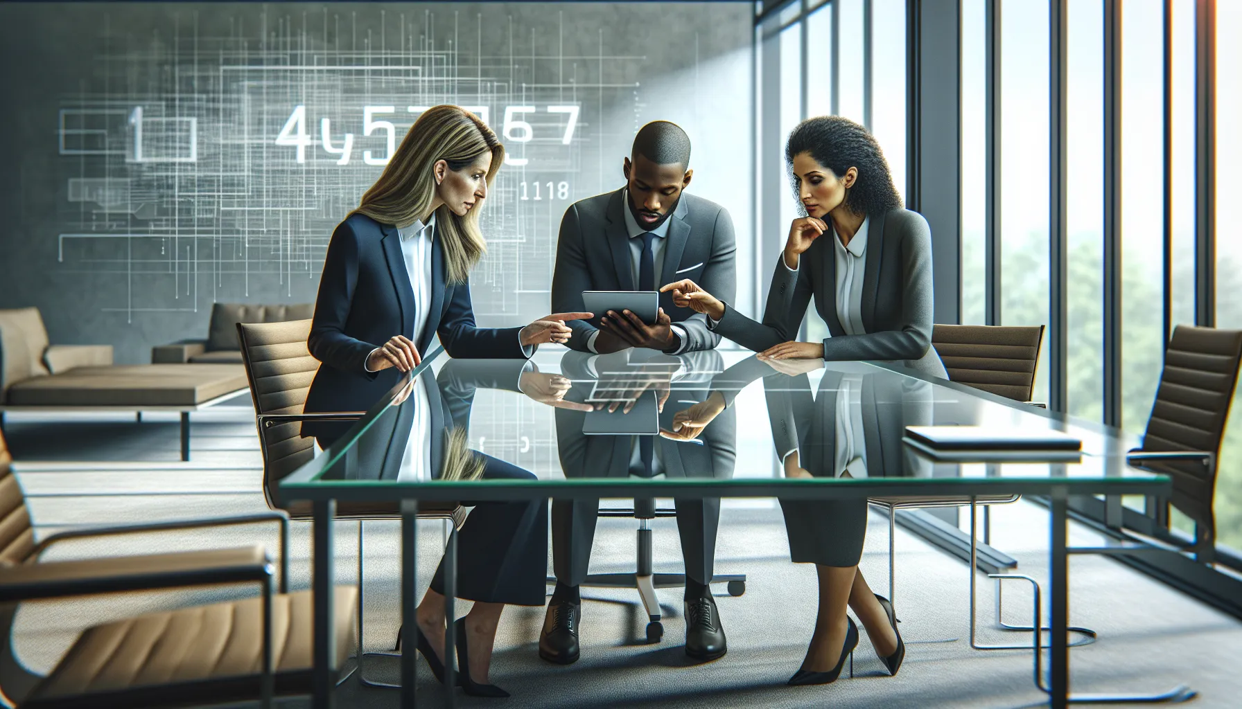 diverse professionals discussing a data identifier in a modern office.
